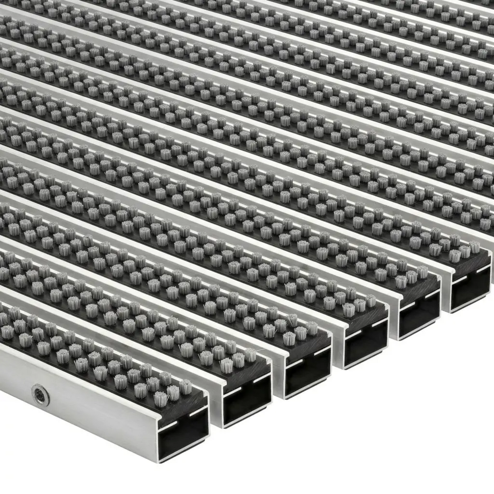 Paillasson encastré pour extérieur sur mesure - Brosses - Aluminium Noir Gris 27 mm